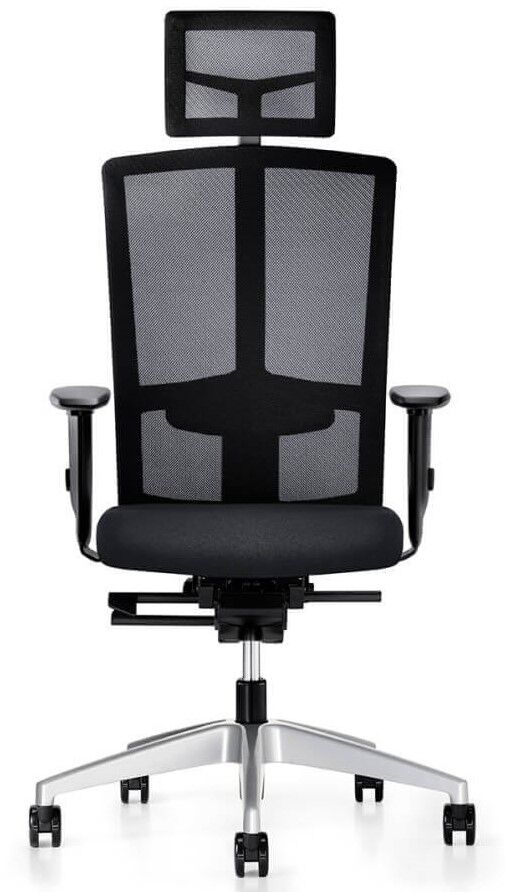 Ergonomischer Bürostuhl mit Netzrückenlehne und Kopfstütze, schwarz, mit verstellbaren Armlehnen und robustem Rollfuß.