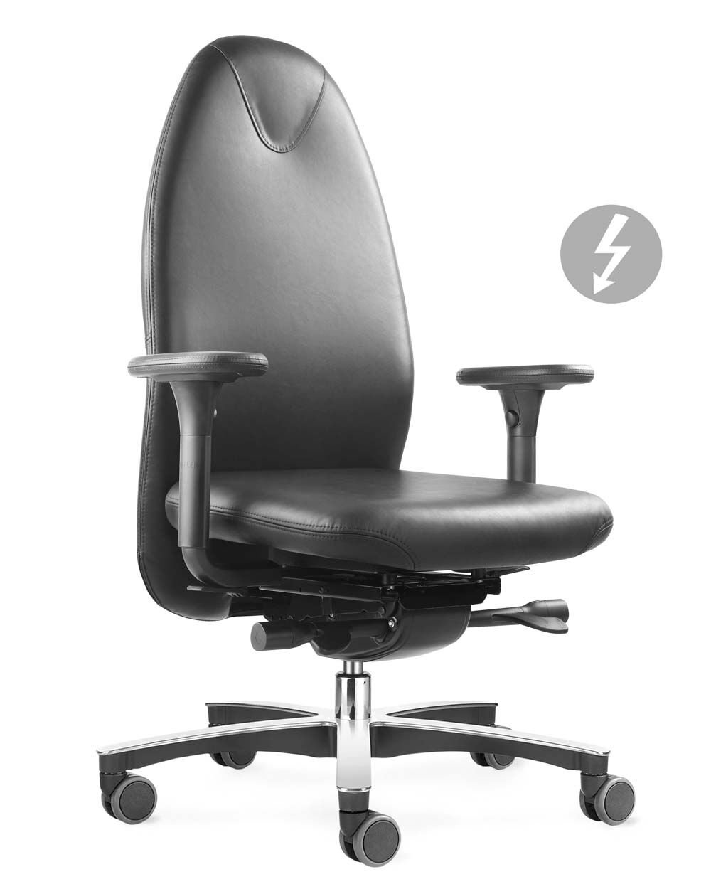 Hochwertiger ergonomischer Bürostuhl mit höhenverstellbaren Armlehnen und extra hohem, gepolstertem Rückenteil.