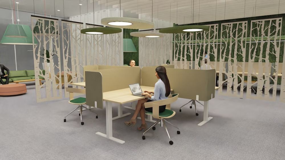 Modernes Büro mit ergonomischen Stühlen und Schreibtischen, geschmackvoll eingerichtet mit Trennwänden und hängenden Leuchten.
