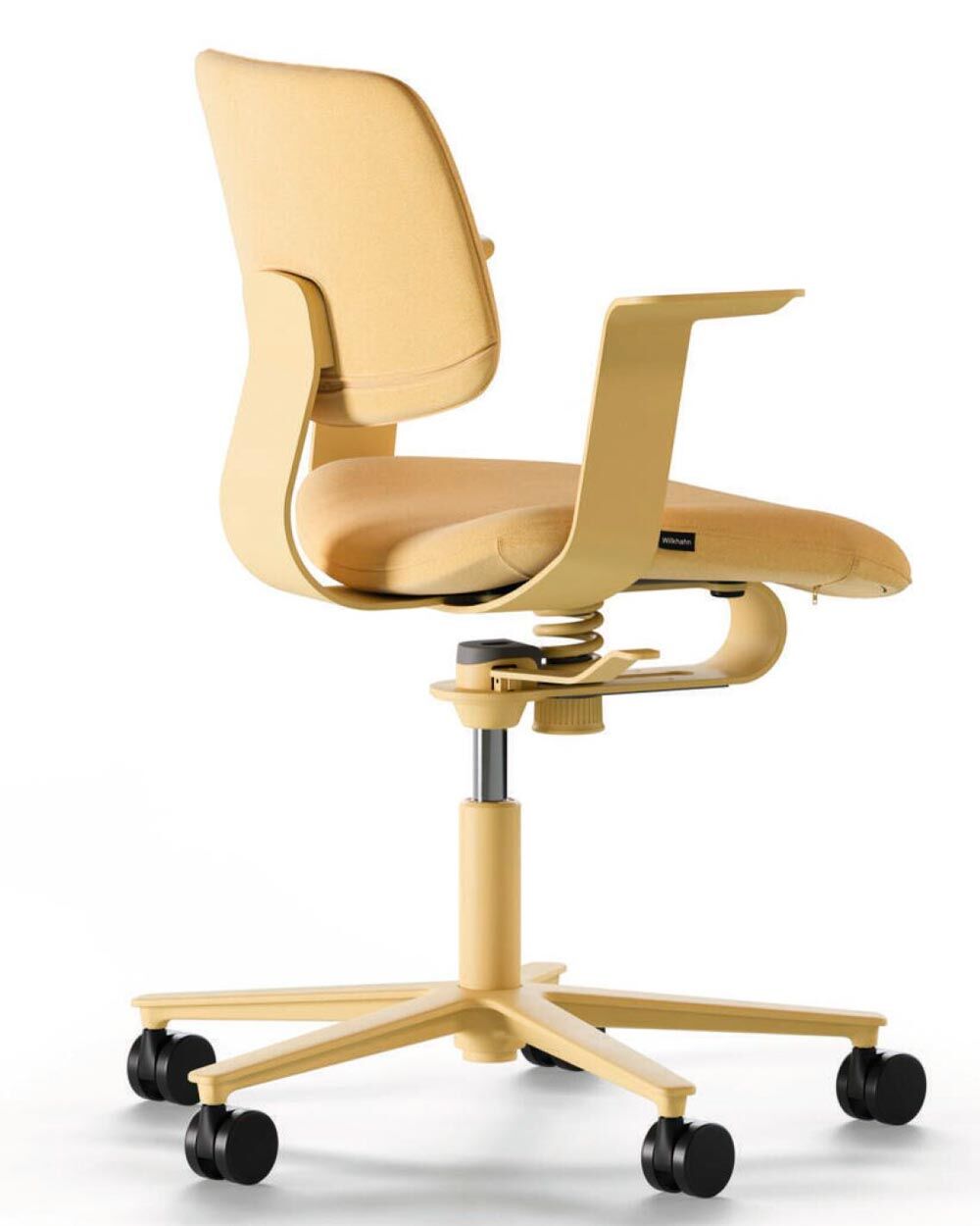 Ergonomischer Bürostuhl in hellem Beige mit Rollen und verstellbarer Sitzhöhe für dynamisches Sitzen.
