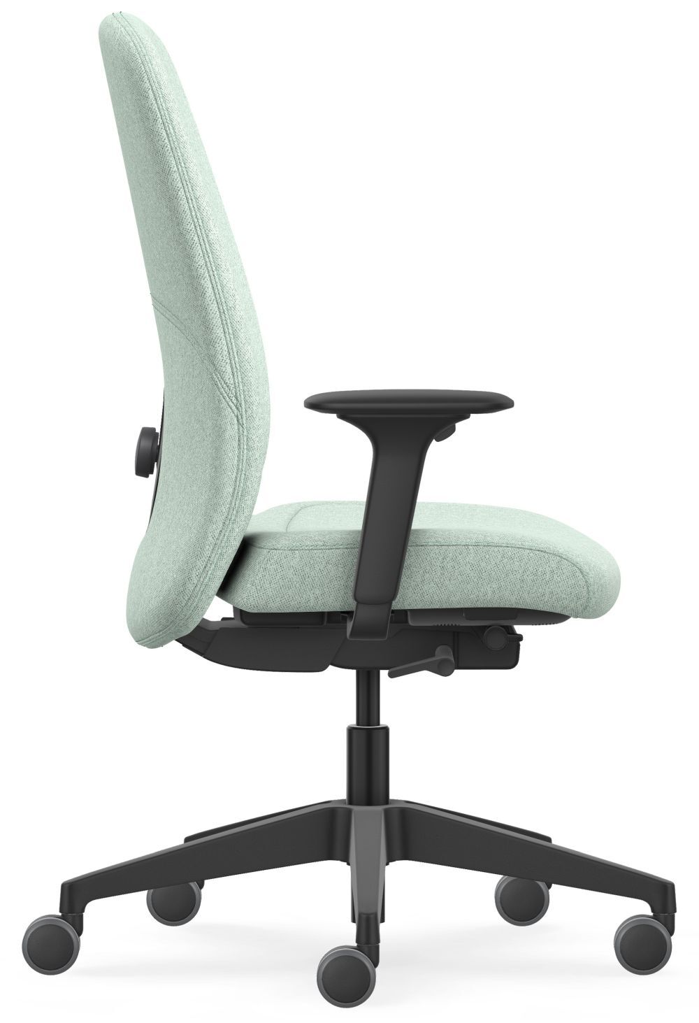 Ergonomischer Bürostuhl in Mintgrün, Seitenansicht, mit verstellbarer Rückenlehne und Armlehnen auf schwarzem Rollfuß.