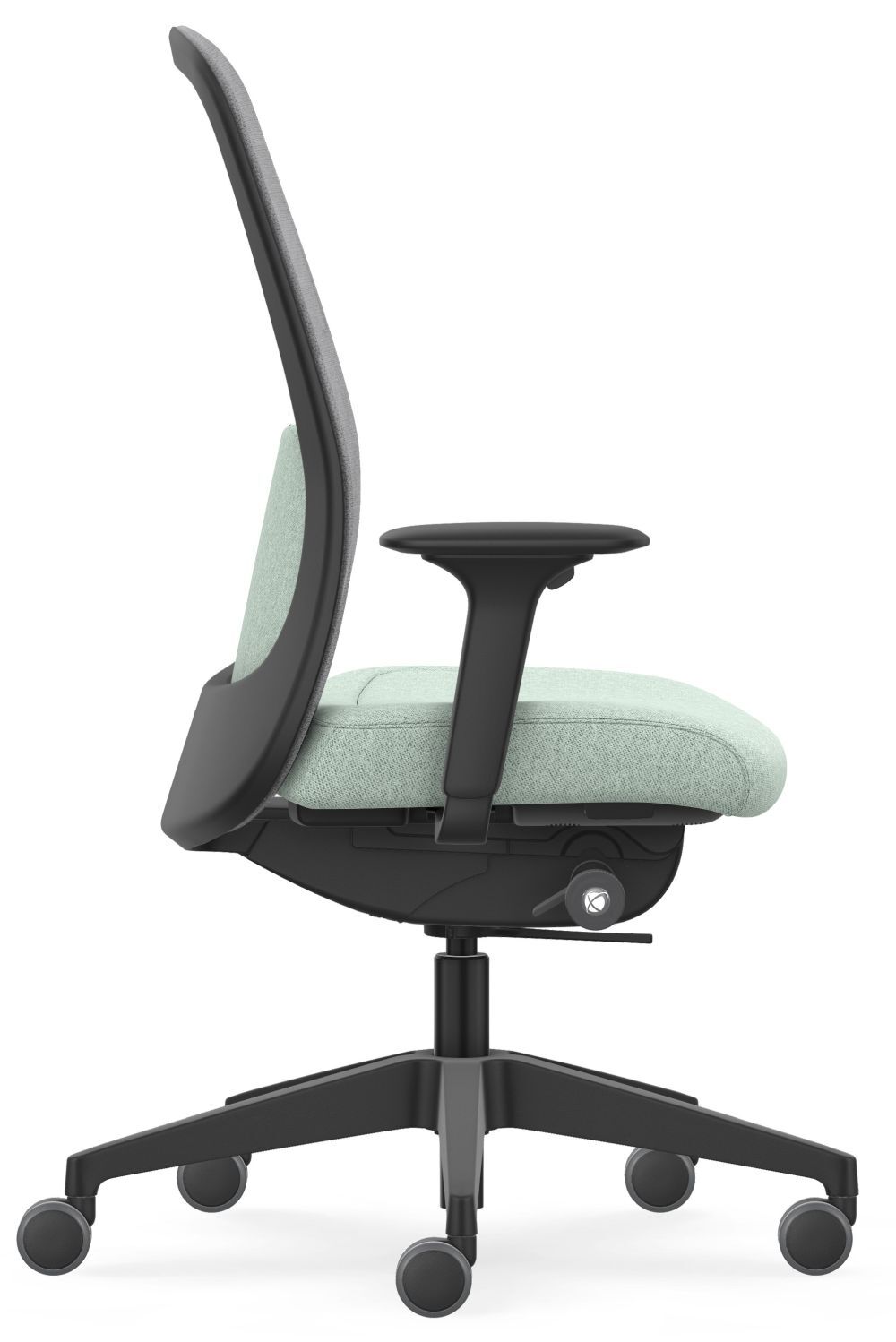 Ergonomischer Bürostuhl mit verstellbaren Armlehnen, gepolstertem Sitz und Rollen, in seitlicher Ansicht.