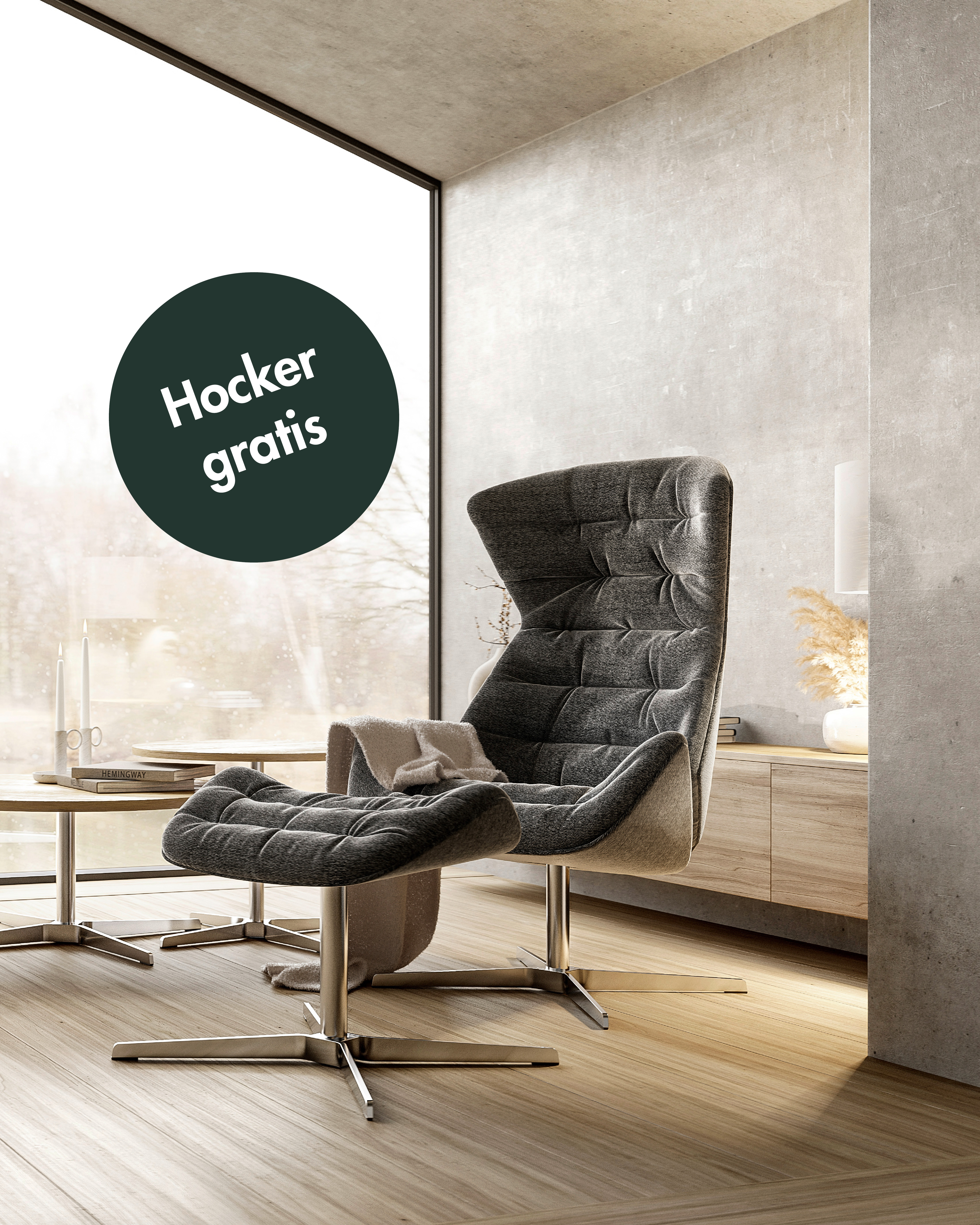 Grauer ergonomischer Sessel mit Hocker in modernem Raum; Text 'Hocker gratis' auf Kreis.