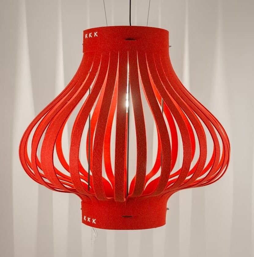 Moderne rote Hängelampe mit geschwungenem Design, sorgt für stilvolle Beleuchtung in Innenräumen.