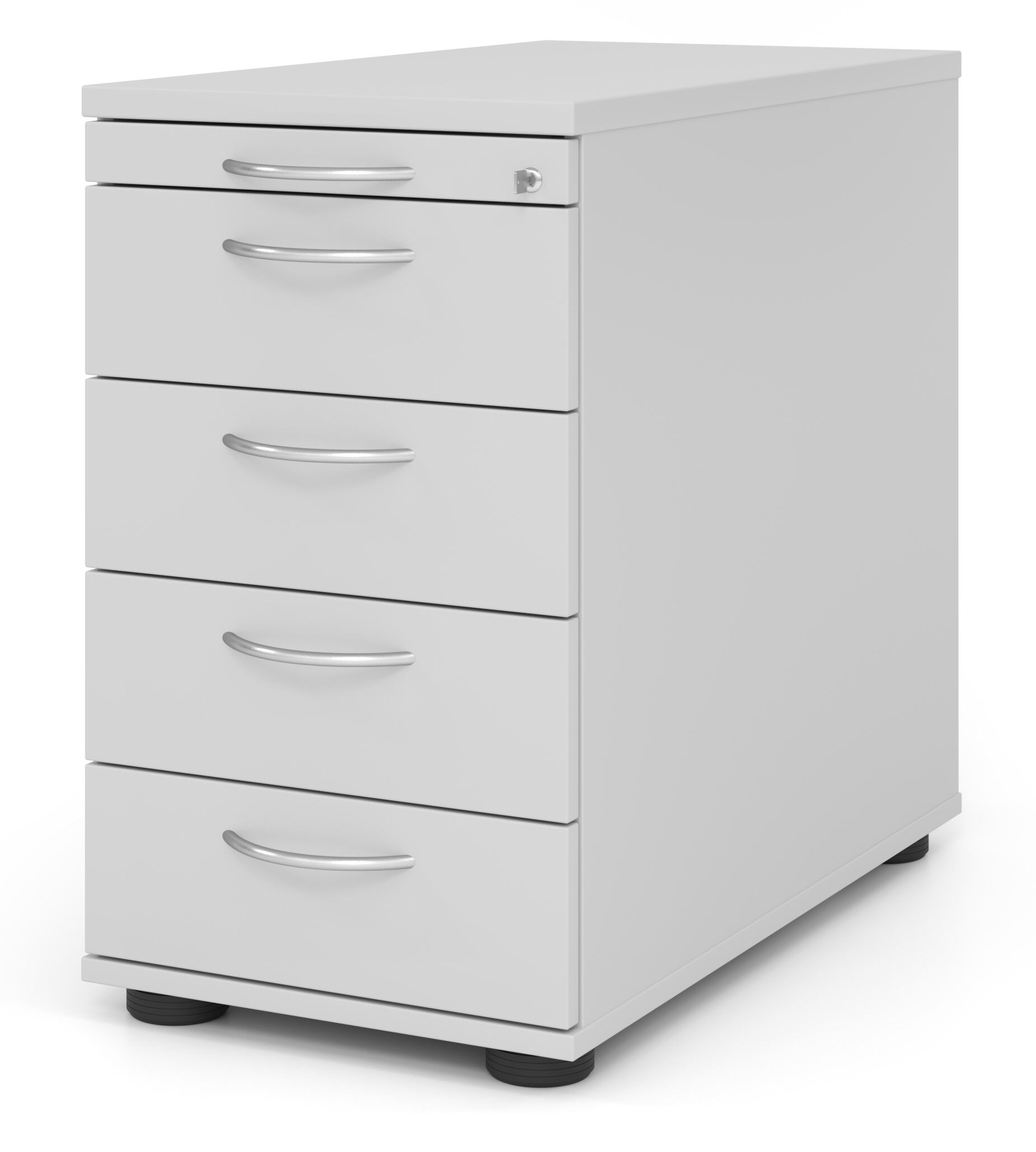 Weißer Büroschrank mit vier Schubladen und silbernen Griffen, geeignet für ergonomische Arbeitsplatzgestaltung.