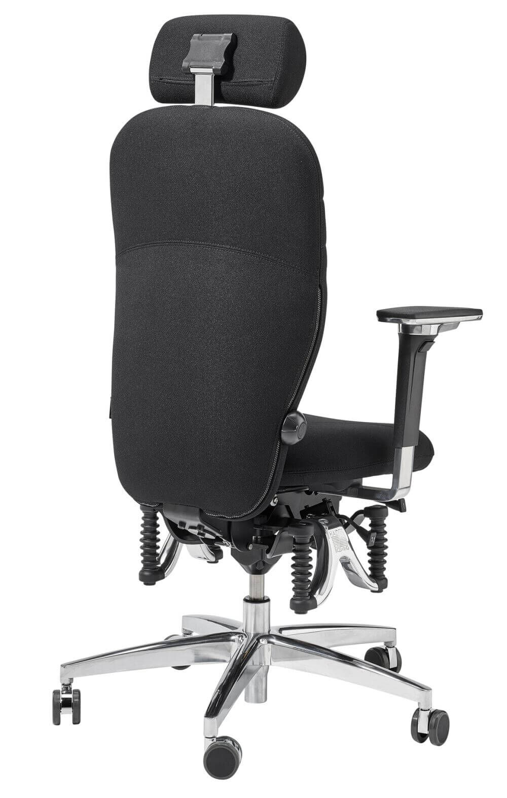 Ergonomischer Bürostuhl mit verstellbarer Kopfstütze und Federmechanismus, in Schwarz, Rückansicht gezeigt.