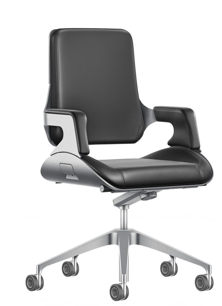 Schwarzer ergonomischer Bürostuhl mit verstellbaren Armlehnen, moderner Designbasis und Rädern für dynamisches Sitzen.