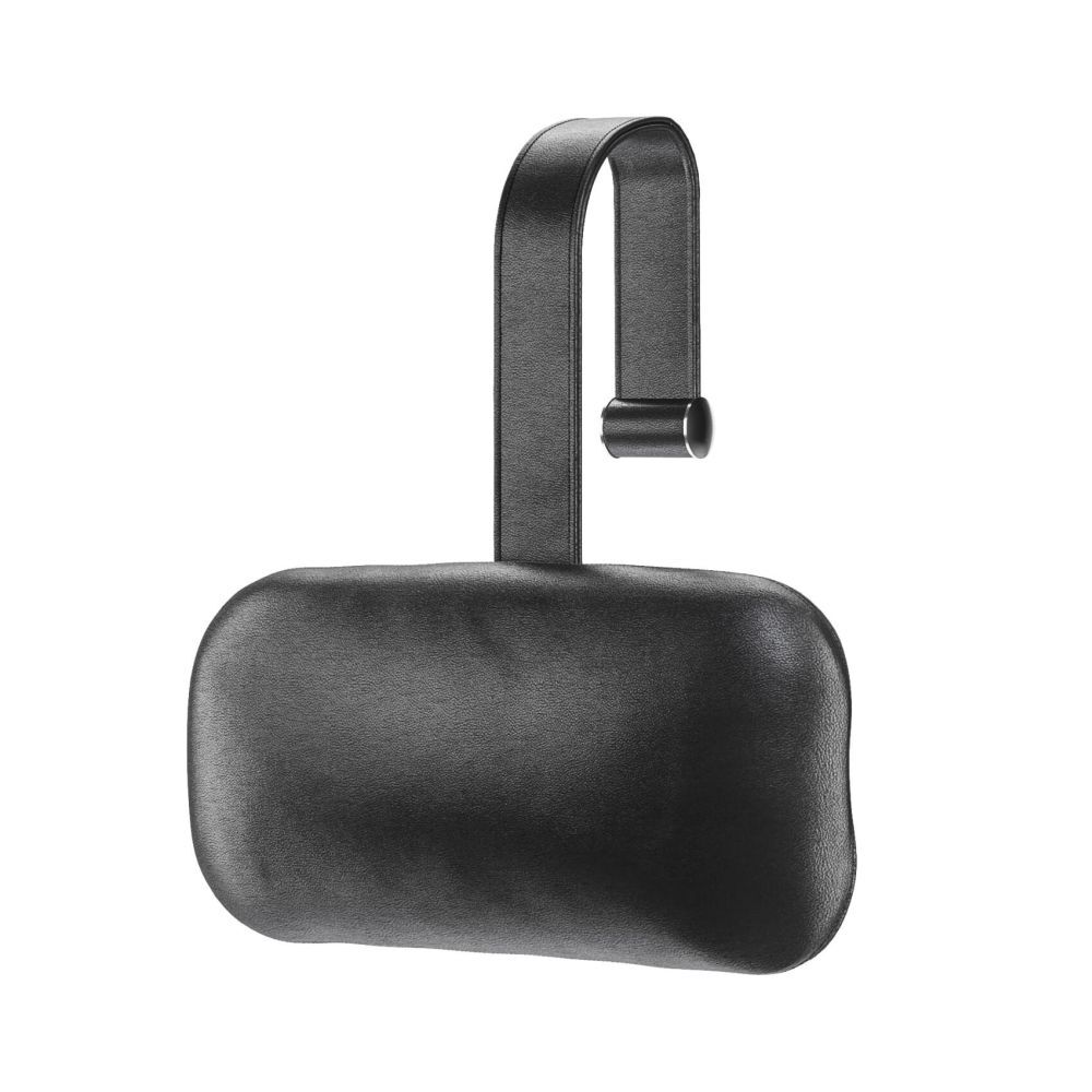 Ergonomisches Nackenkissen in Schwarz mit verstellbarem Halter für bequemen Halt bei dynamischem Sitzen.