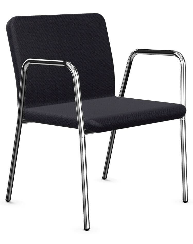 Moderner schwarzer Stuhl mit Metallrahmen und Armlehnen, ideal für ergonomisches Sitzen im Büro oder Zuhause.