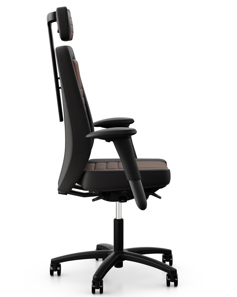 Ergonomischer Bürostuhl seitliche Ansicht mit verstellbarer Kopfstütze und gepolstertem Sitz für dynamisches Sitzen.