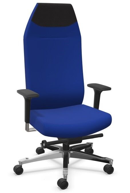 Ergonomischer Bürostuhl in Blau mit Armlehnen und verstellbarer Rückenlehne auf Rollen für dynamisches Sitzen.