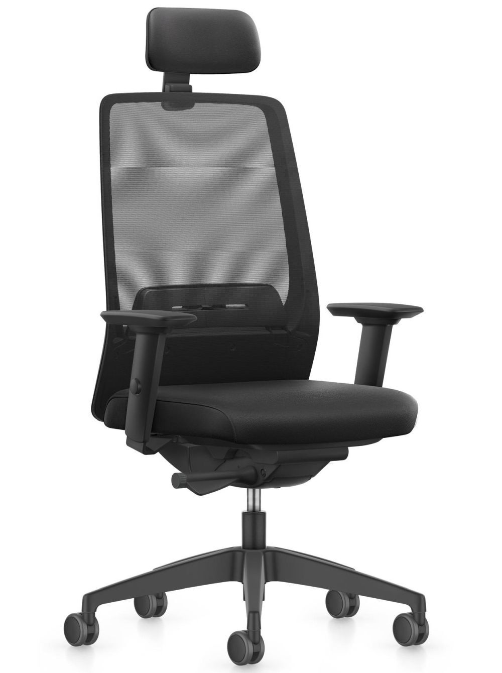 Ergonomischer Bürostuhl mit Netzrückenlehne, verstellbaren Armlehnen und Kopfstütze auf Rollen, ideal für dynamisches Sitzen.