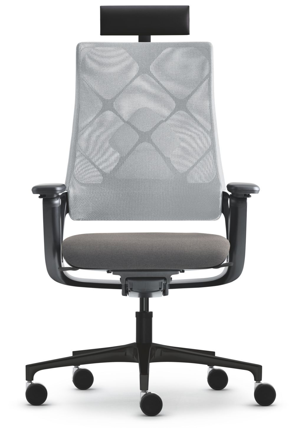 Ergonomischer Bürostuhl mit Netzrückenlehne und Kopfstütze, sitzt auf fünf Rollen für Bewegungsfreiheit.