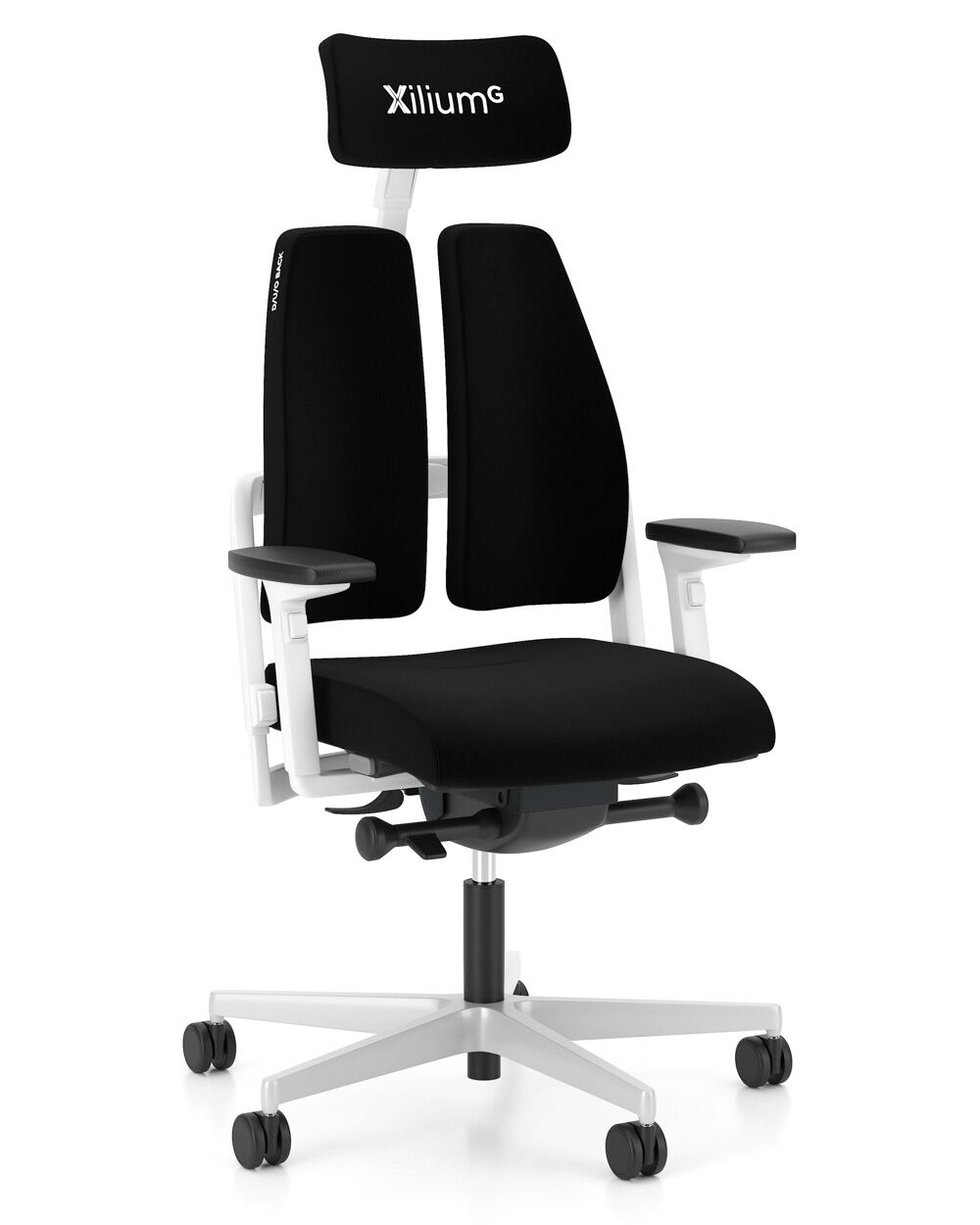 Schwarzer ergonomischer Bürostuhl mit geteiltem Rücken, verstellbarer Kopfstütze und Armlehnen auf einem weißen Rahmen.