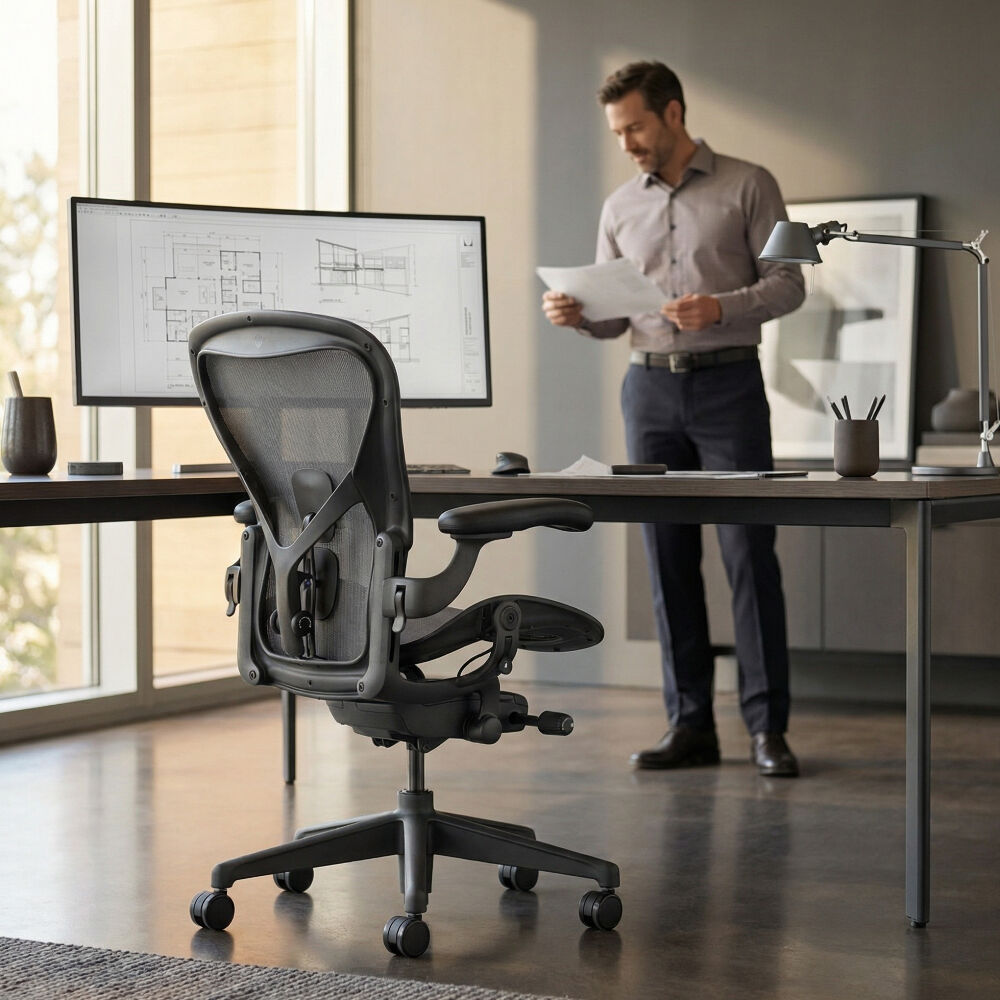 Ergonomischer Bürostuhl vor einem Schreibtisch mit Monitor, Mann im Hintergrund betrachtet Dokumente.