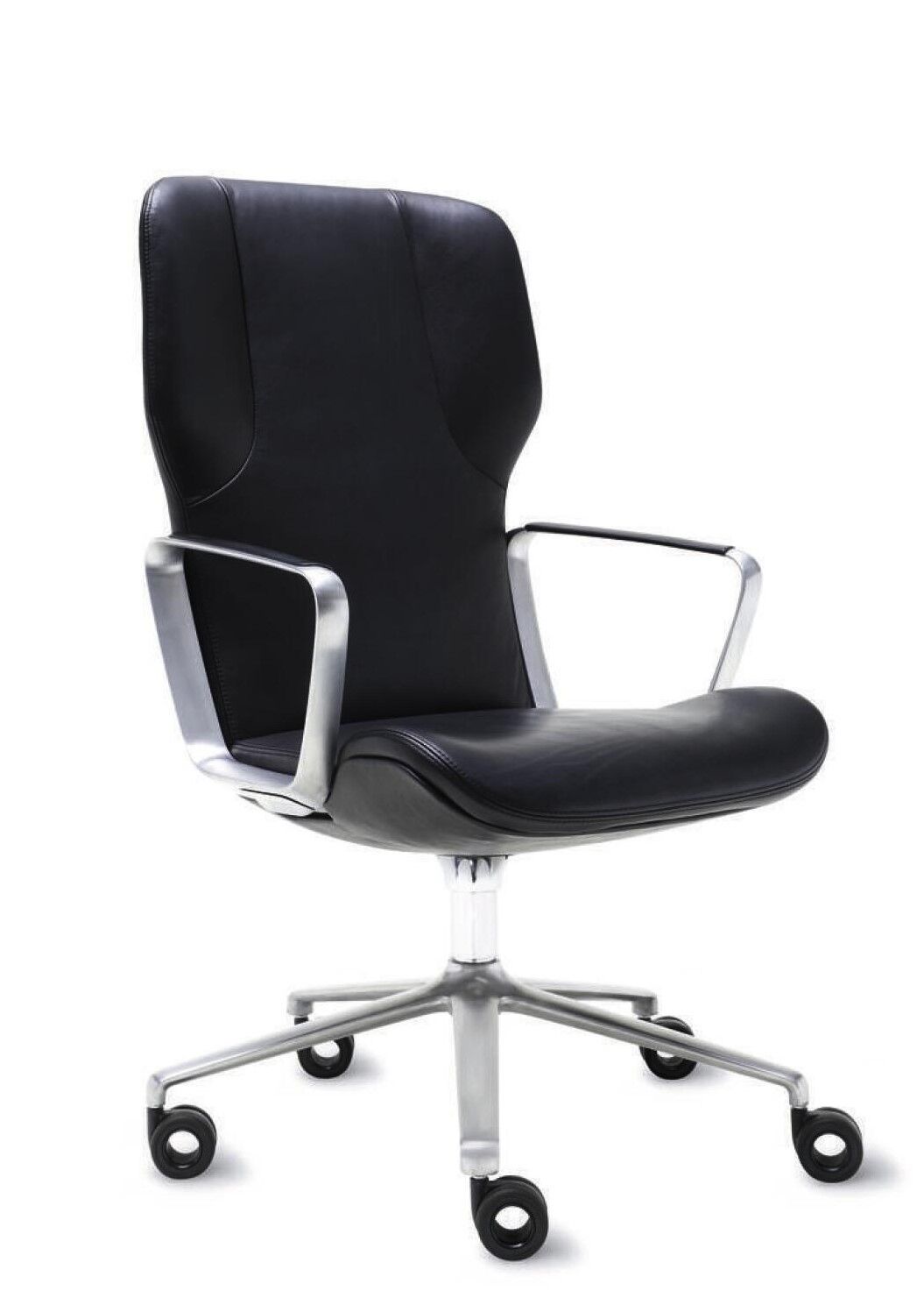 Schwarzer ergonomischer Bürostuhl mit verstellbaren Armlehnen und Rollen, ideal für dynamisches Sitzen im Büro.