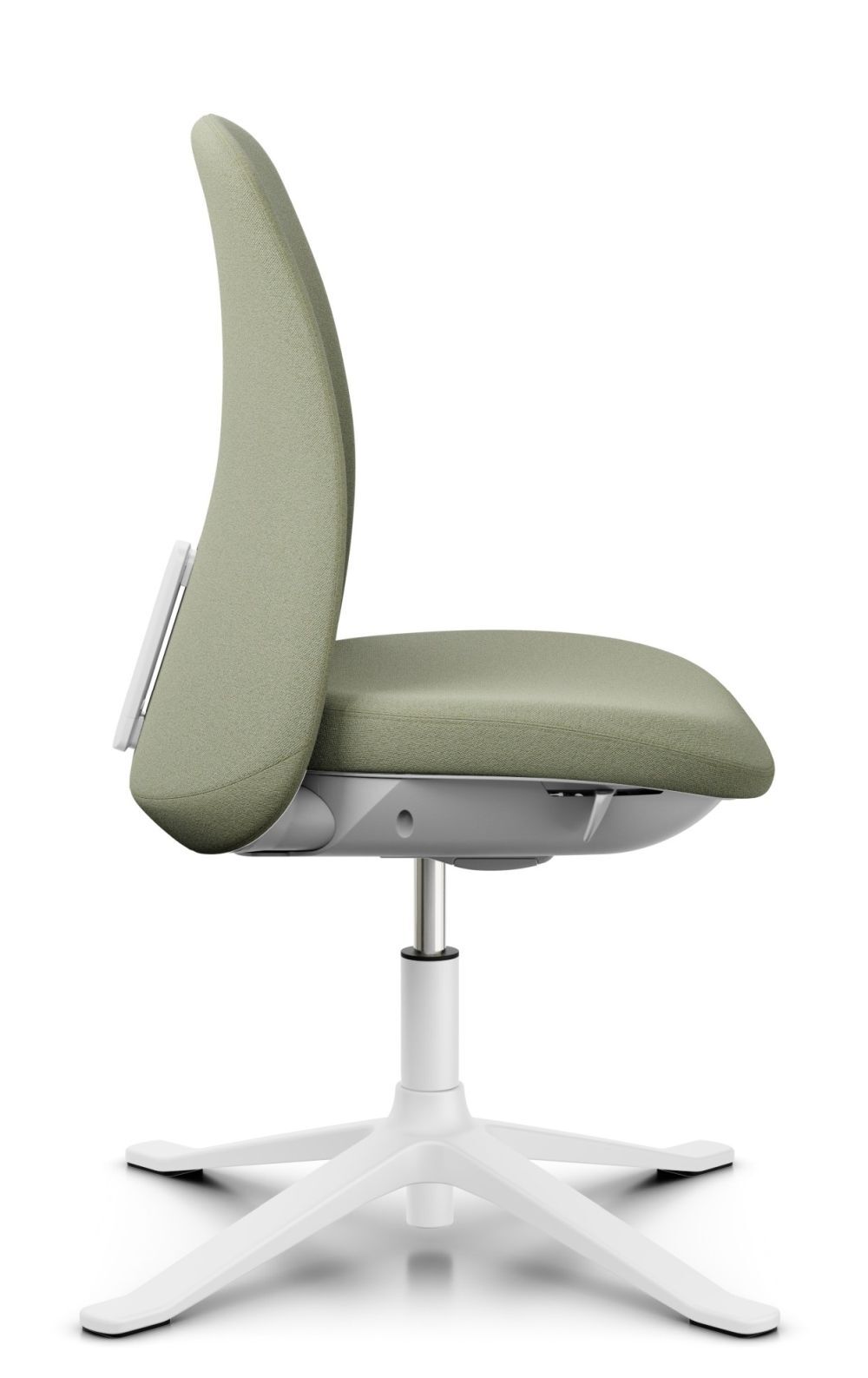 Ergonomischer Bürostuhl in Grün mit verstellbarer Rückenlehne und stabilem weißen Fußkreuz, seitliche Ansicht.