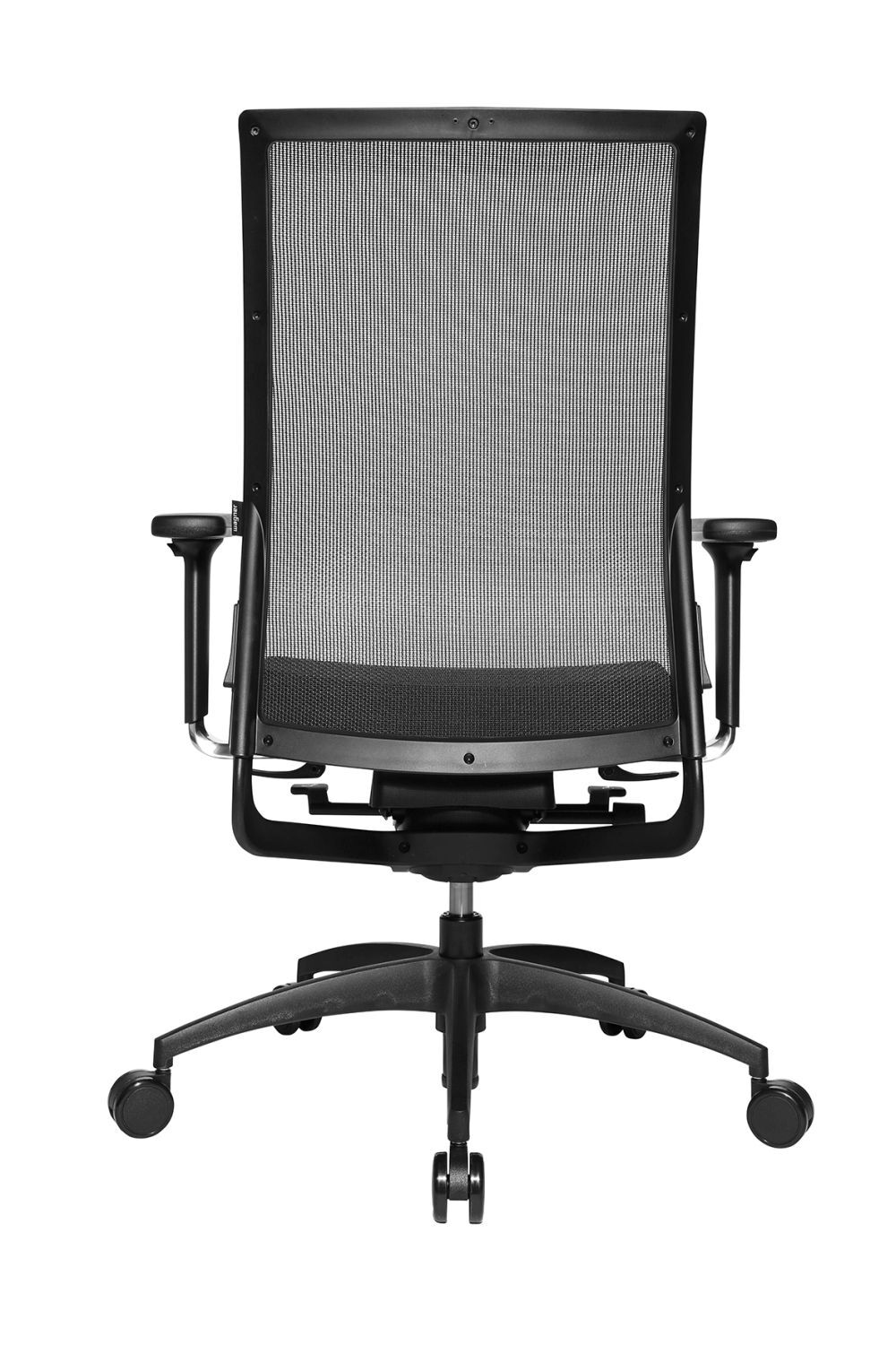 Ergonomischer Bürostuhl mit Netzrückenlehne, Armlehnen und Rollen, ideal für bewegtes Sitzen im Büro.