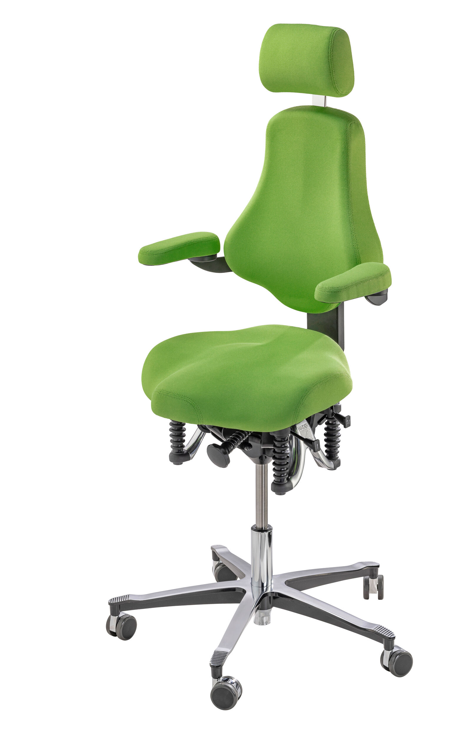 Grüner ergonomischer Bürostuhl mit Kopfstütze und Federmechanik für dynamisches Sitzen.