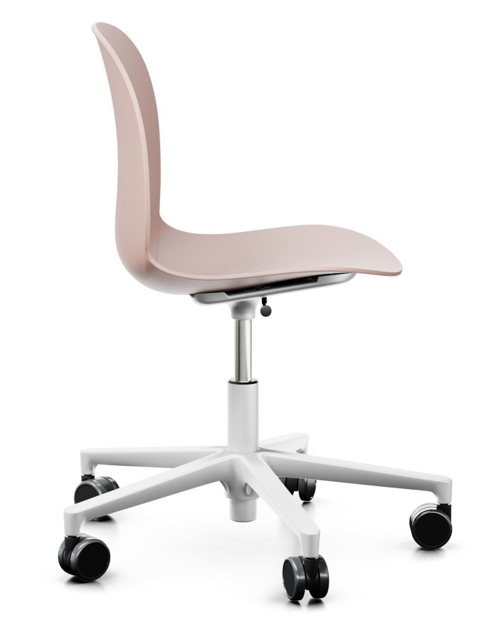 Moderner ergonomischer Bürostuhl mit rosa Sitzschale und weißem Gestell auf fünf Rollen.