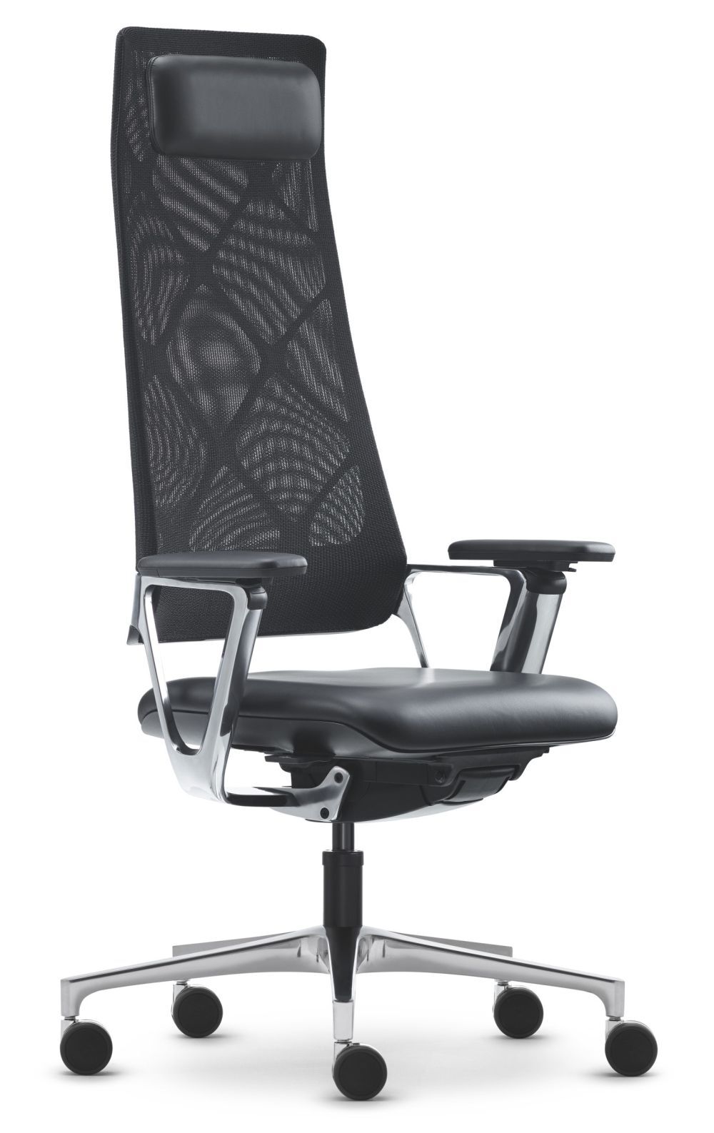 Moderner ergonomischer Bürostuhl mit Netzrückenlehne und verstellbarer Kopfstütze, ideal für gesundes Sitzen.