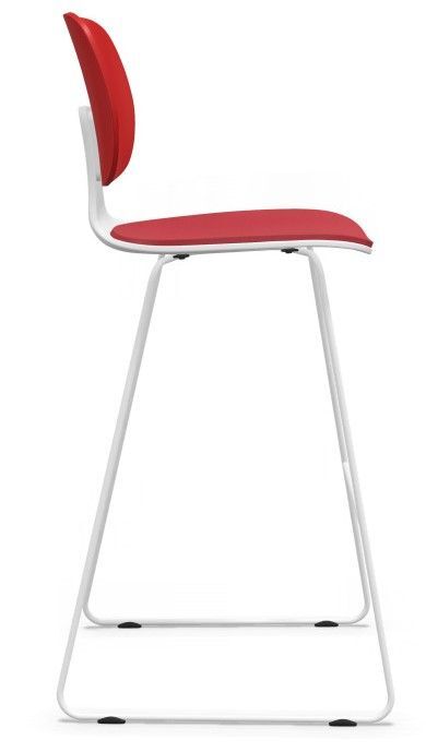 Moderner Barhocker in Rot und Weiß mit ergonomischem Design auf schlankem Metallgestell, seitliche Ansicht.