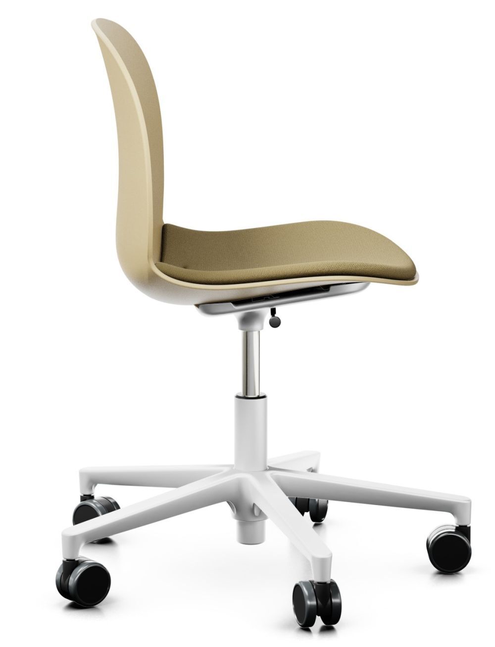 Moderner ergonomischer Bürostuhl mit beigem Sitz, weißem Gestell und Rollen; ideal für dynamisches Sitzen.
