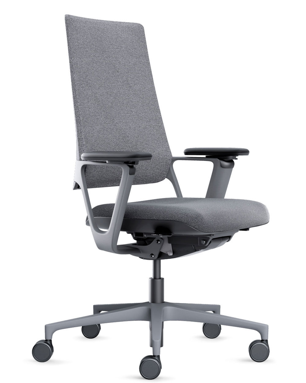 Grauer ergonomischer Bürostuhl mit hoher Rückenlehne, verstellbaren Armlehnen und Drehrollen für dynamisches Sitzen.
