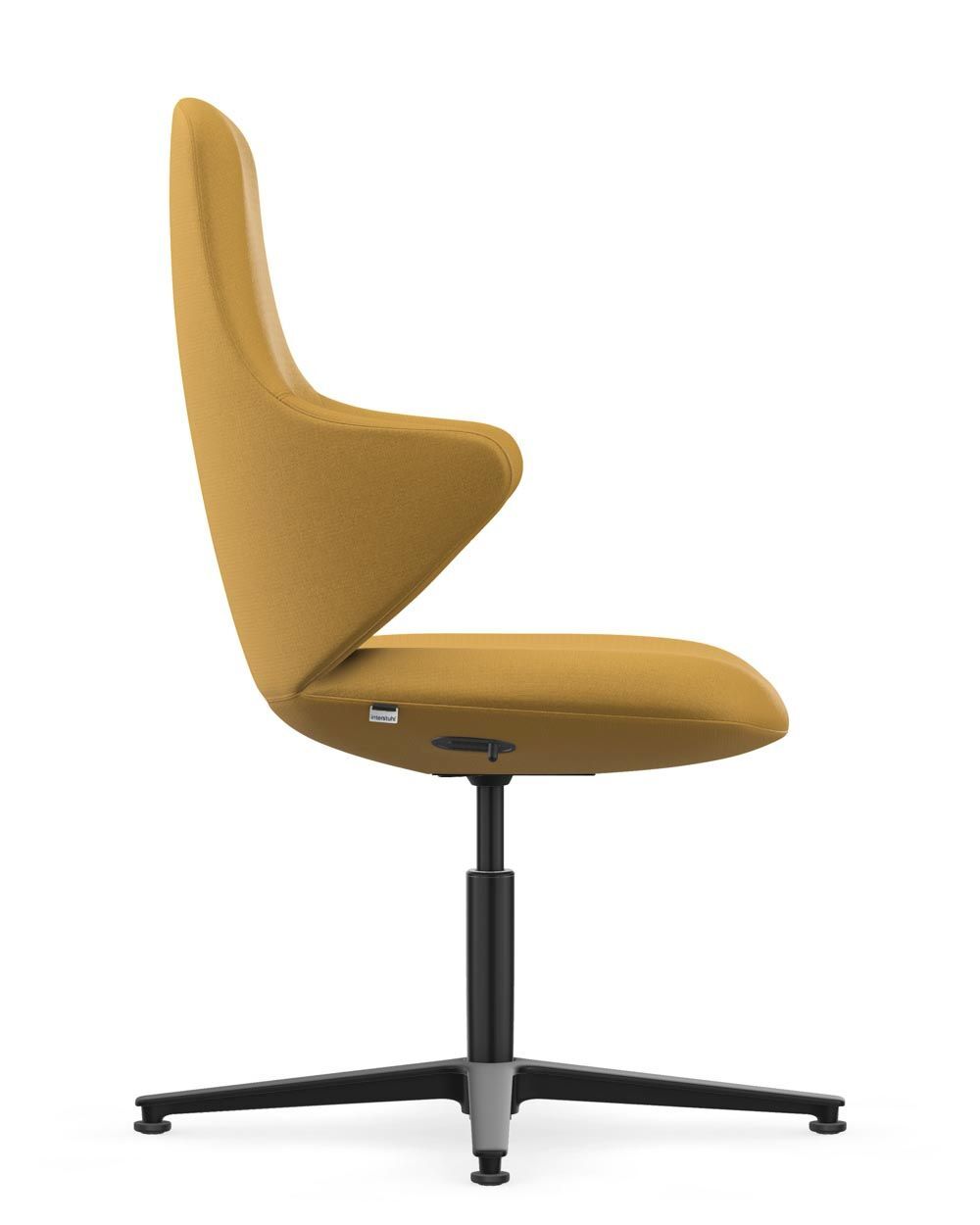 Ergonomischer Bürostuhl in Senffarbe mit schwarzem Drehfuß und höhenverstellbarer Sitzfläche, Seitenansicht.