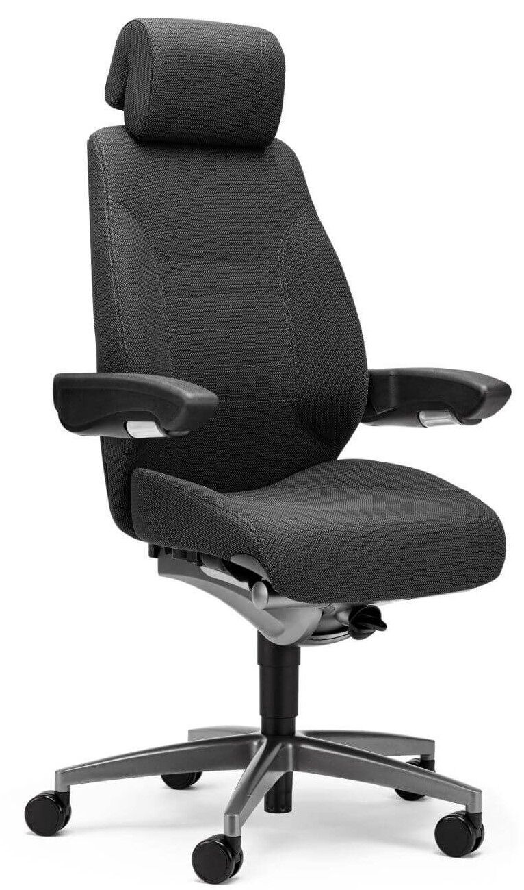 Schwarzer ergonomischer Bürostuhl mit Kopfstütze, verstellbaren Armlehnen und Rollen für dynamisches Sitzen.