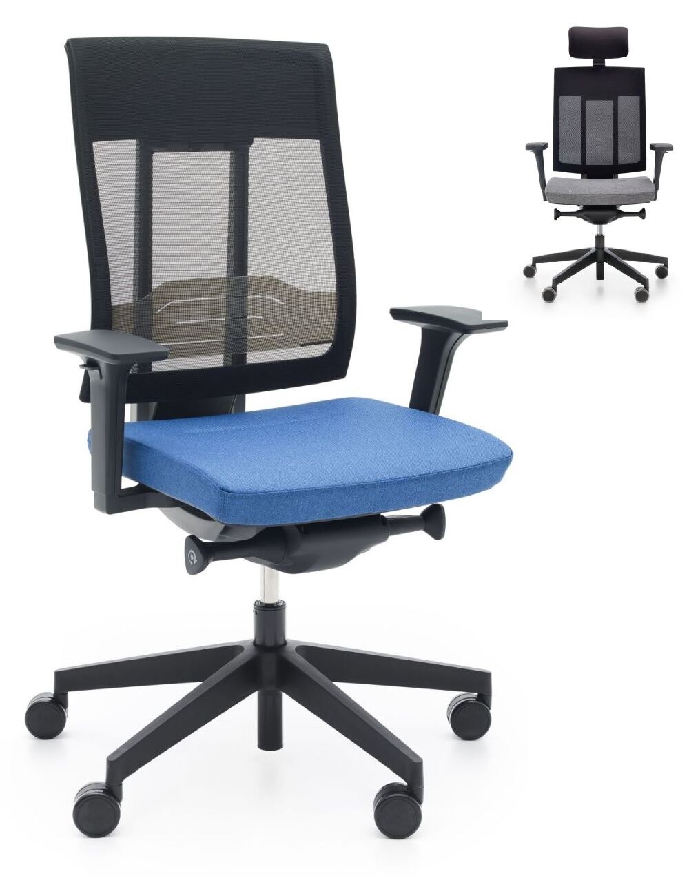 Ergonomischer Bürostuhl mit blauem Sitzpolster und Netzrückenlehne; modell mit Kopfstütze im Hintergrund.