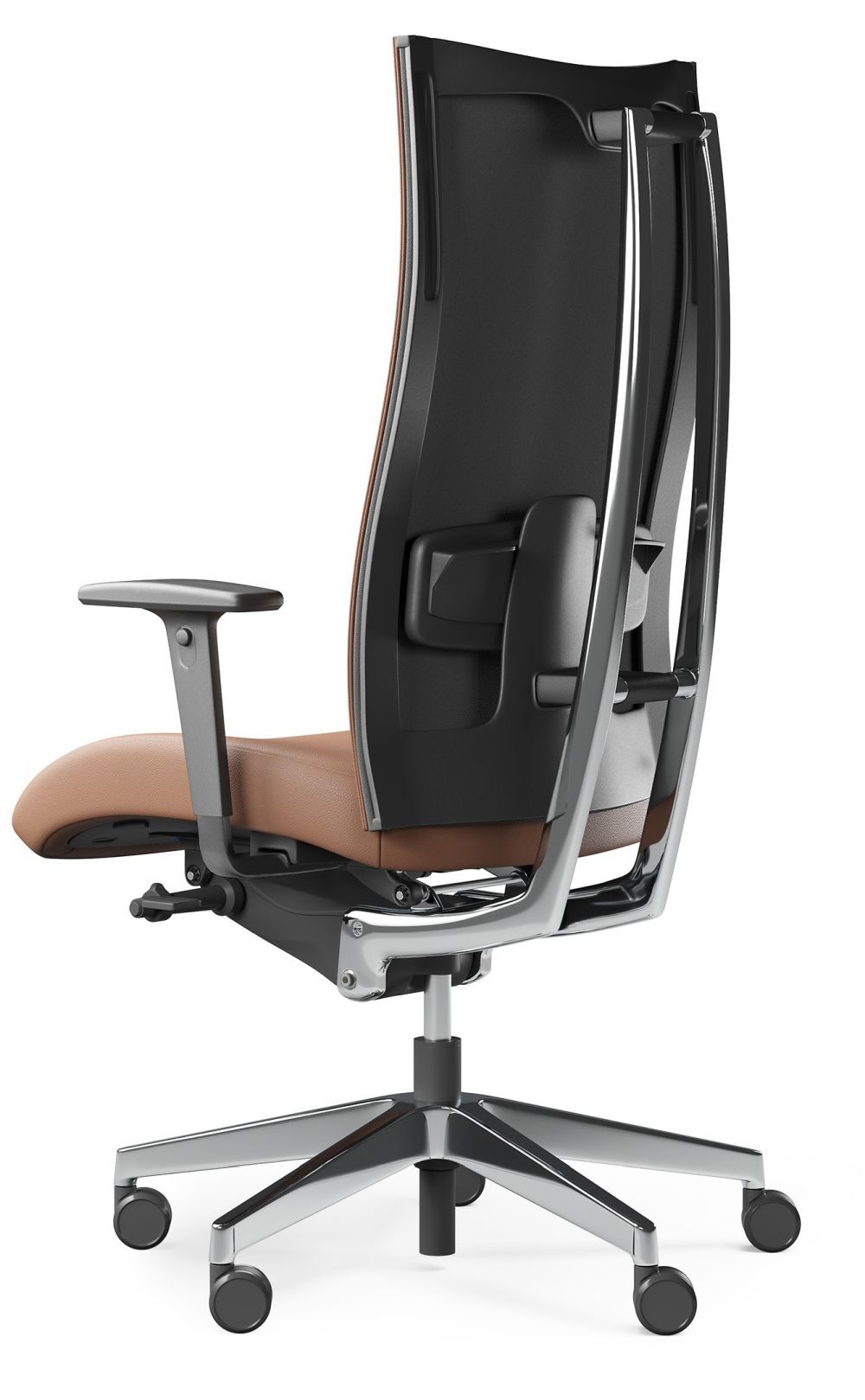 Ergonomischer Bürostuhl mit hoher Rückenlehne, verstellbaren Armlehnen und gepolstertem Sitz in Braun und Schwarz.