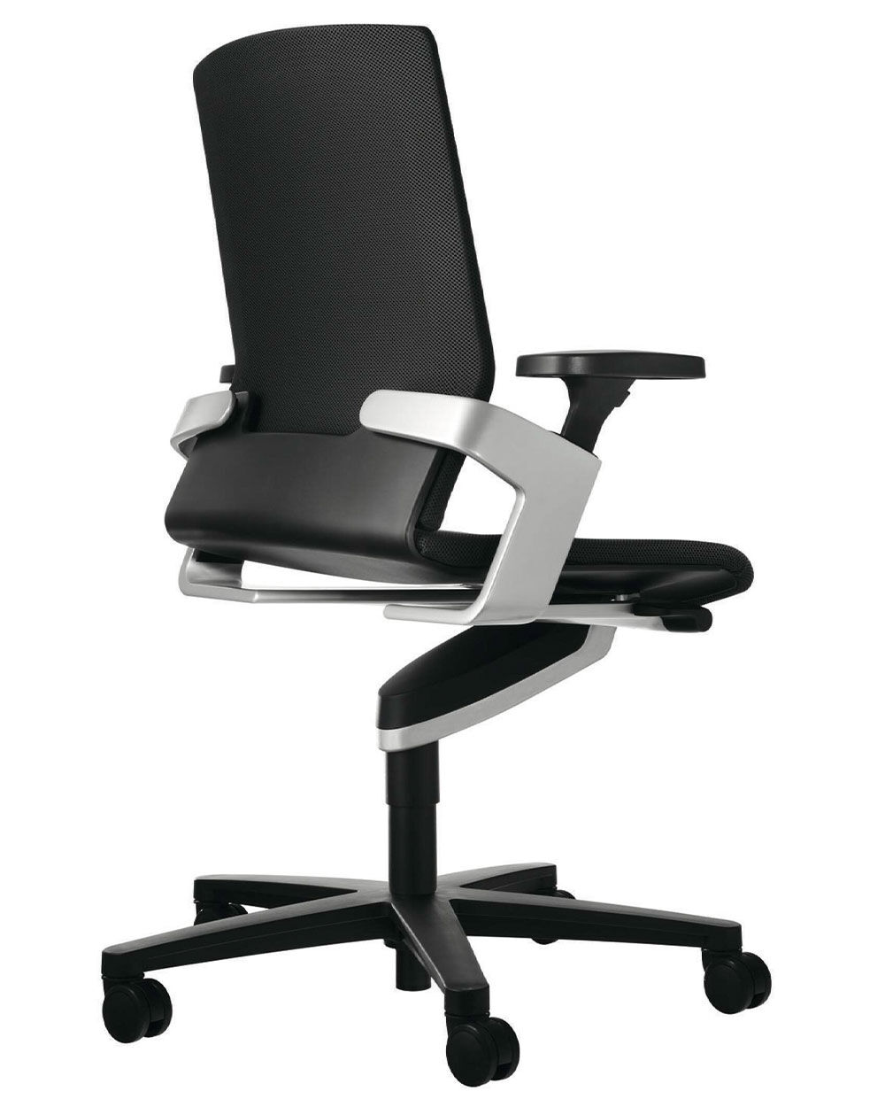 Ergonomischer Bürostuhl mit schwarzem Netzrücken und verstellbaren Armlehnen, ideal für gesundes, dynamisches Sitzen.