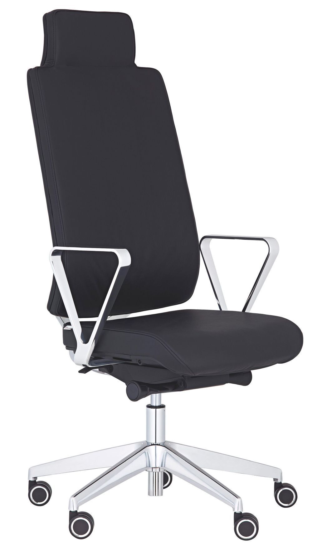 Schwarzer ergonomischer Bürostuhl mit hoher Rückenlehne und Aluminiumarmlehnen, ideal für gesundes und dynamisches Sitzen.