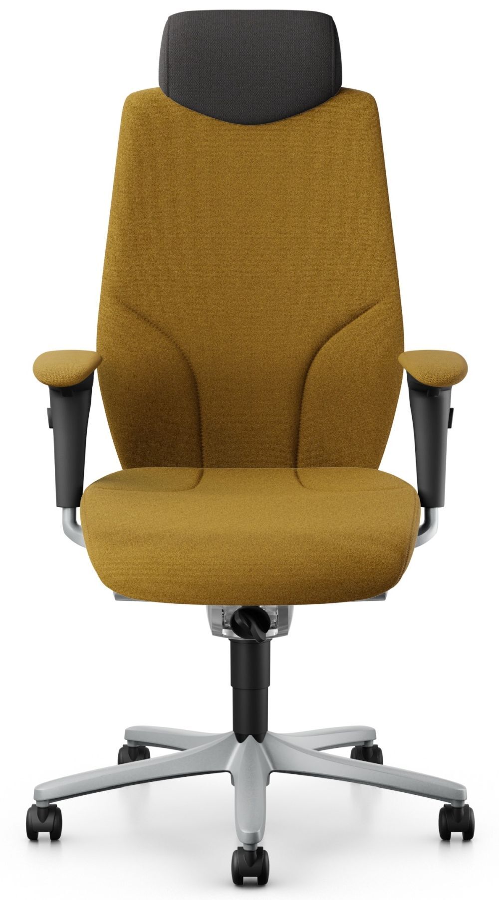 Ergonomischer Bürostuhl in Senfgelb mit höhenverstellbarer Kopfstütze und Armlehnen vor weißem Hintergrund.