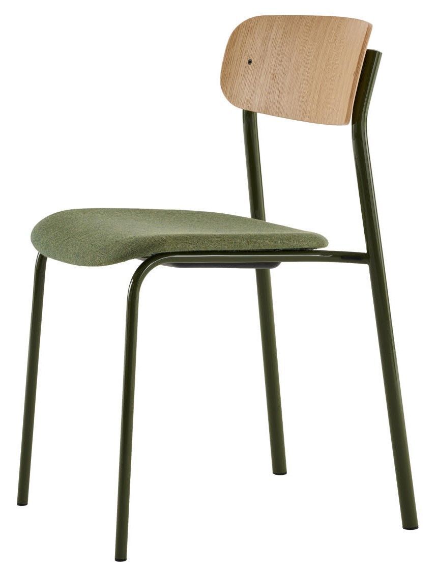 Moderner Stuhl mit grünem Sitz, Holzrückenlehne und Metallgestell in Olivgrün.