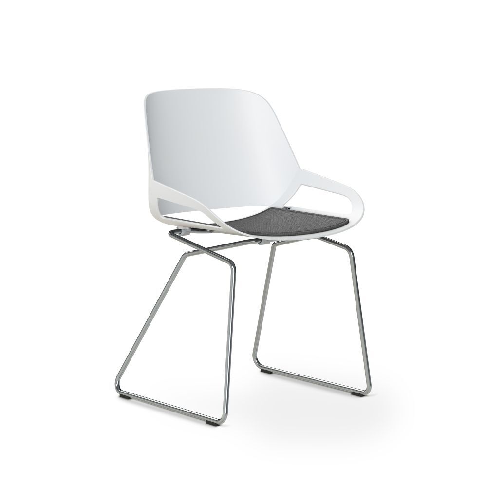 Moderner ergonomischer Stuhl mit weißer Rückenlehne und schwarzem Sitzkissen auf Metallgestell.