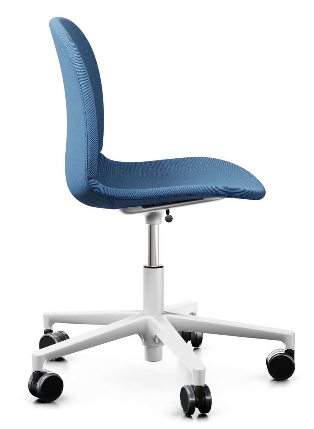 Ergonomischer Bürostuhl mit blauem Sitzpolster und weißem Gestell, ideal für gesundes, aktives Sitzen.