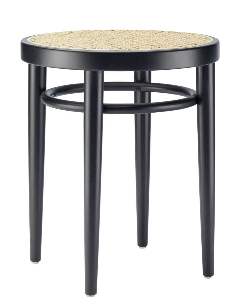 Ein stilvoller Hocker mit schwarzem Rahmen und geflochtener Sitzfläche, ideal für moderne Büroumgebungen.