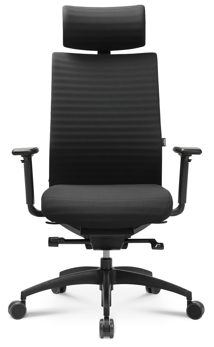 Schwarzer ergonomischer Bürostuhl mit hoher Rückenlehne und verstellbarer Kopfstütze, ideal für gesundes Sitzen.