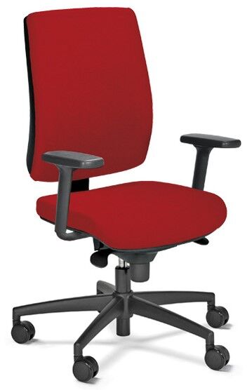 Roter ergonomischer Bürostuhl mit verstellbaren Armlehnen und Rollfüßen, ideal für dynamisches Sitzen.