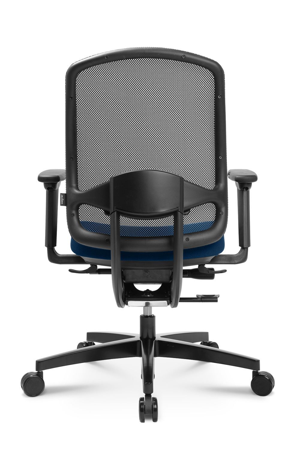 Ergonomischer Bürostuhl mit Netzrückenlehne und verstellbaren Armlehnen, Ansicht von hinten, Schwerpunkt auf Bewegungsfreiheit.