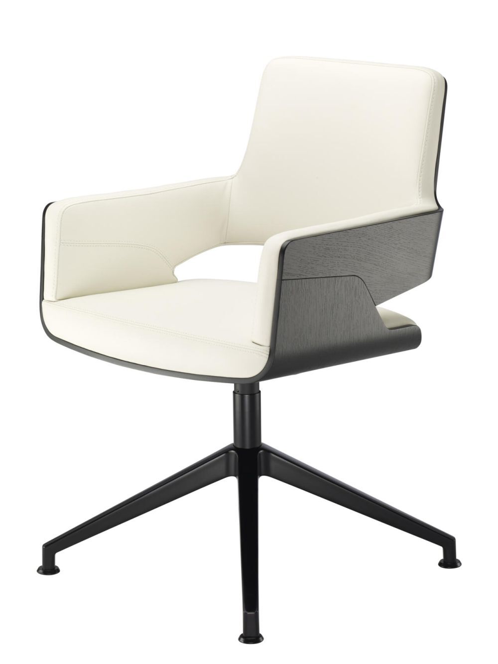 Moderner, ergonomischer Bürostuhl mit weiß gepolstertem Sitz und schwarzem Drehgestell für dynamisches Sitzen.