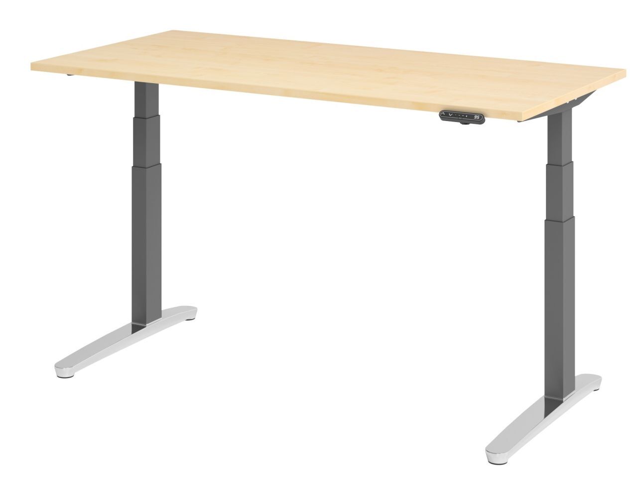 Höhenverstellbarer Schreibtisch mit Holzplatte und grauen Metallbeinen, ideal für ergonomisches Arbeiten.