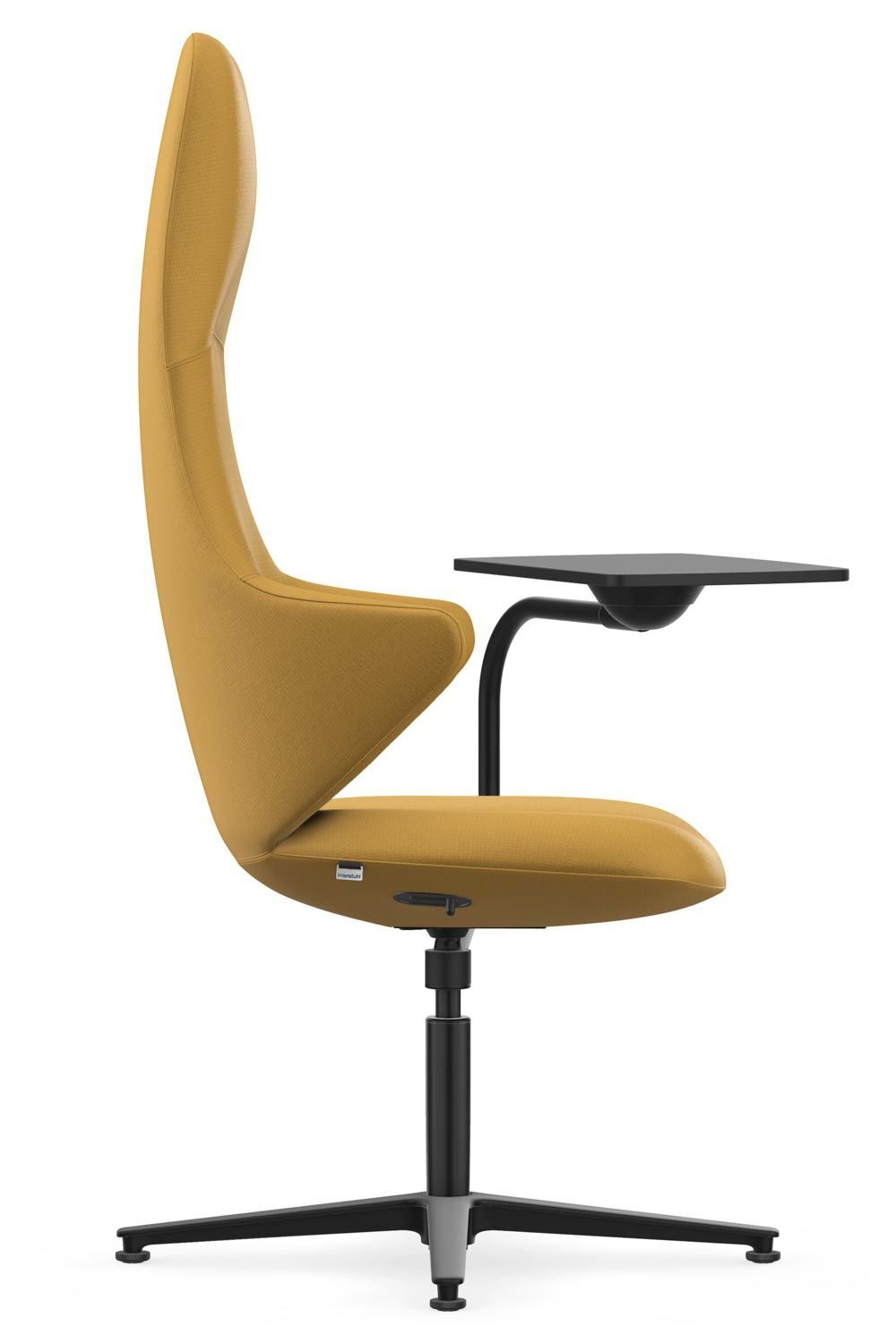 Ergonomischer Bürostuhl in Gelb mit hoher Rückenlehne und seitlichem integrierten Tisch, ideal für dynamisches Sitzen.