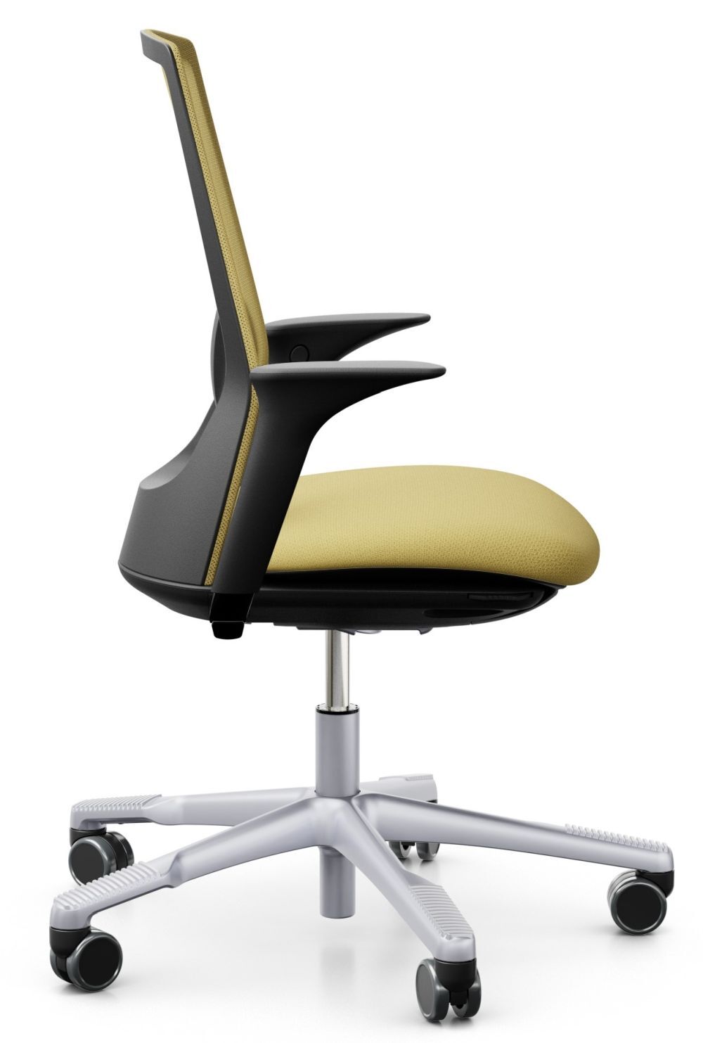 Ergonomischer Bürostuhl mit gelber Polsterung, schwenkbaren Armlehnen und verstellbarer Rückenlehne auf Rollenbasis seitlich dargestellt.
