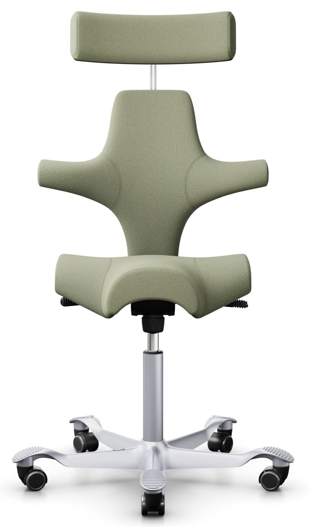 Ergonomischer Bürostuhl mit grünem Stoffbezug, verstellbarer Kopfstütze und dynamischer Arm- und Rückenlehne auf Rollen.