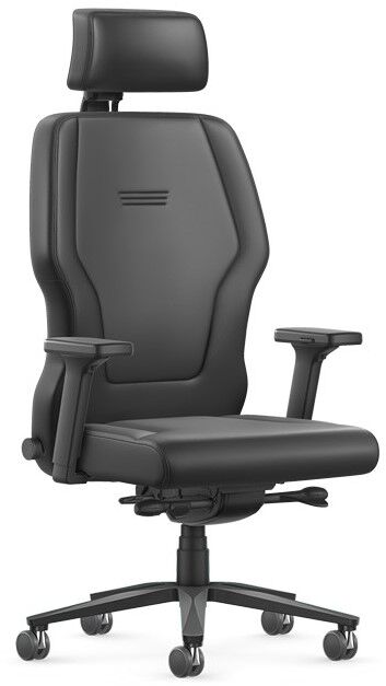 Ergonomischer Bürostuhl in Schwarz mit verstellbarer Kopfstütze und Armlehnen, ideal für dynamisches Sitzen.