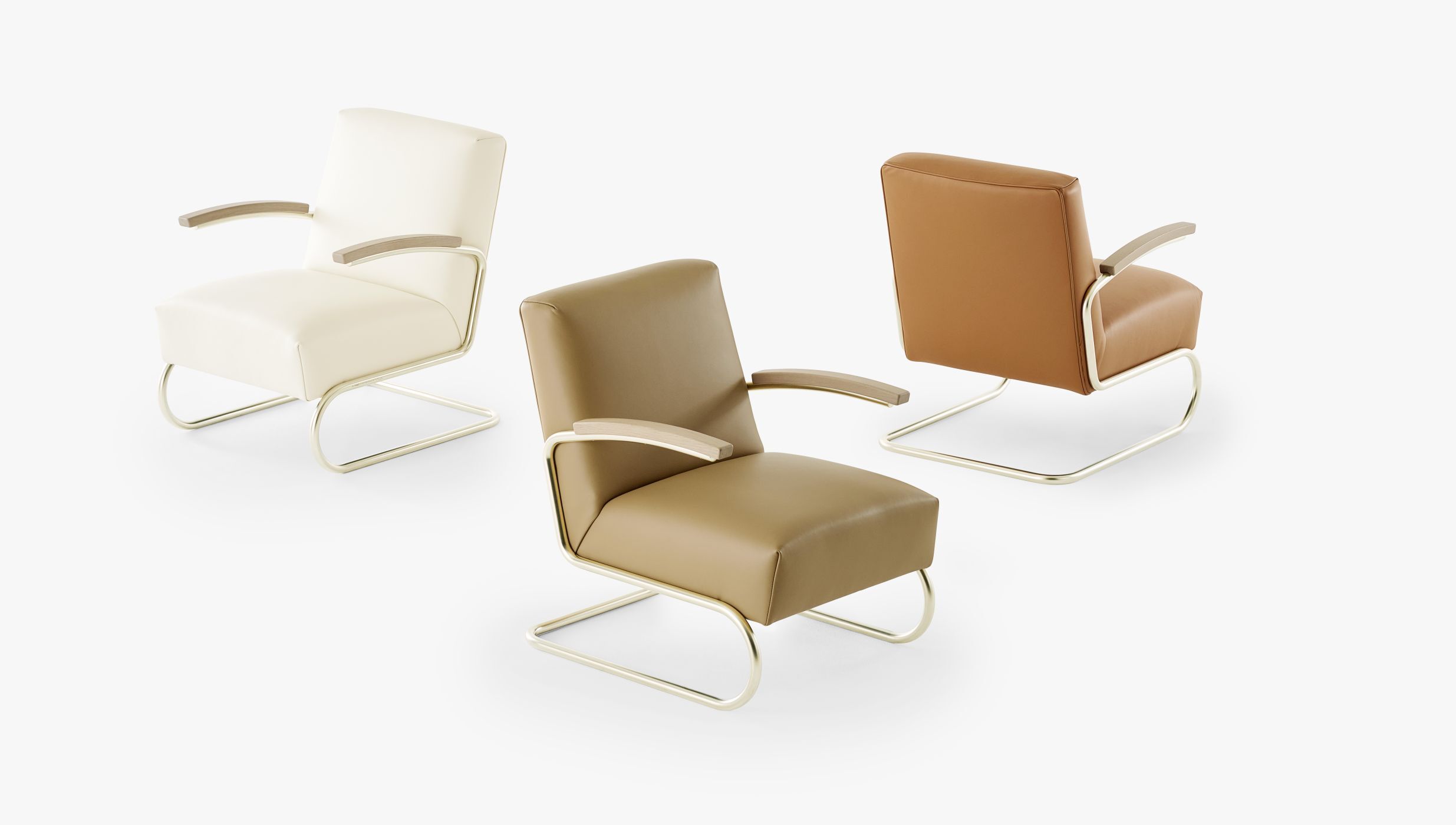 Drei moderne Sessel in Creme, Braun und Beige mit gebogenen Metallarmlehnen und minimalistischem Design.