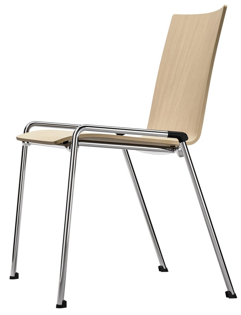 Moderner Stuhl mit hellem Holzsitz und Rückenlehne, sowie verchromten Metallbeinen, ideal für Büros.